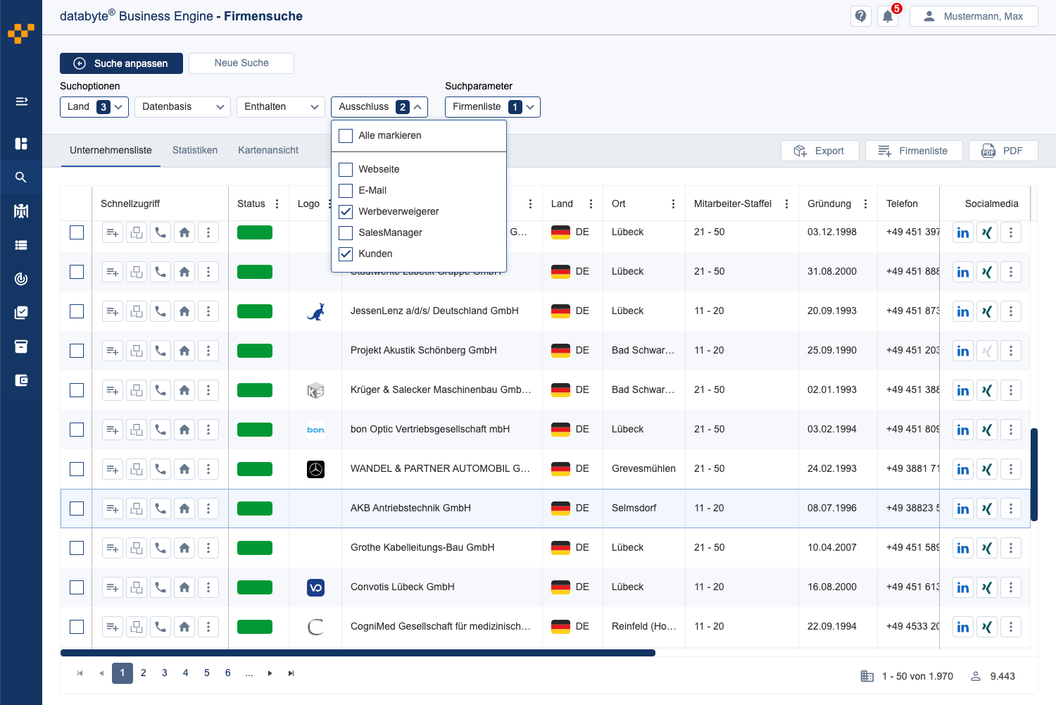 Screenshot der Ergebnisliste mit Ausschlussfunktion für Bestandskunden