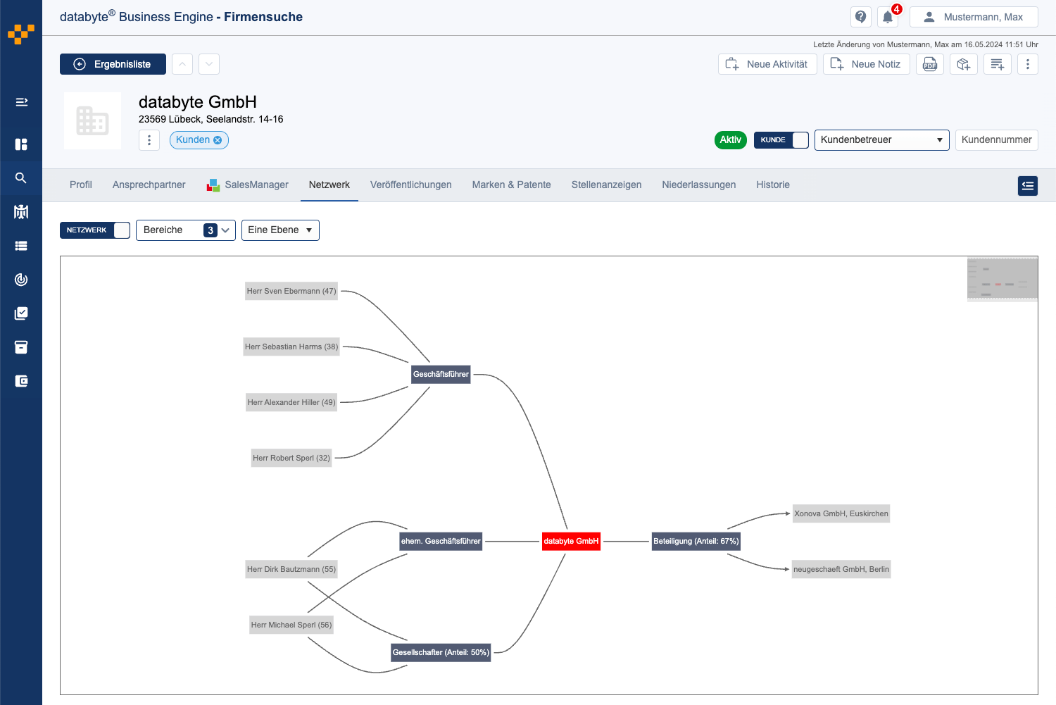 Screenshot: Unternehmens-Netzwerk und Verbindungen in der Business Engine