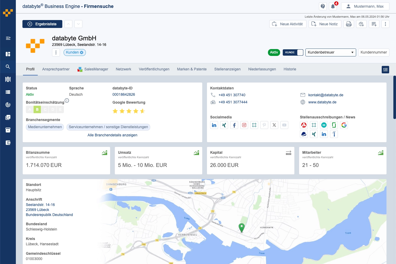 Screenshot eines Firmenprofils mit Insights und Gesprächsaufhängern